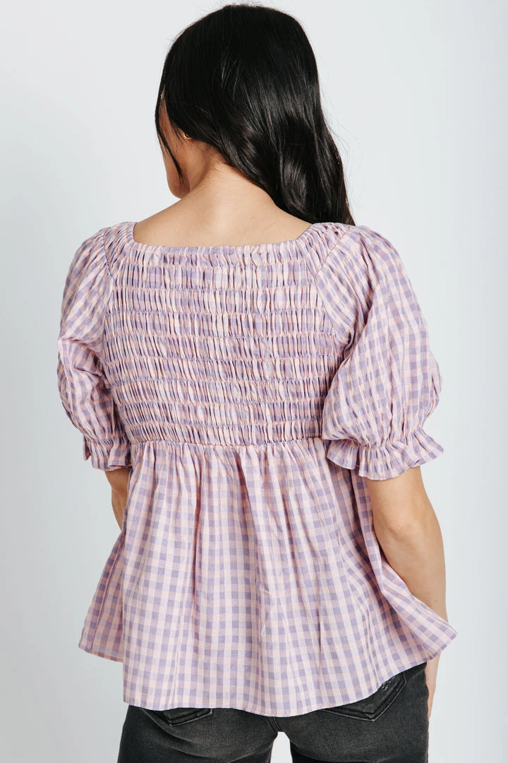 Piper & Scoot The Joel Plaid Peplum Top In Lavender