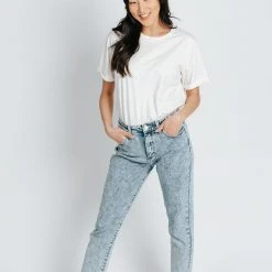 Piper & Scoot Denim: The High Rise Mom Jean In Acid Blue Bottoms + Jumpsuits