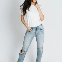 Piper & Scoot Denim: The Mid Rise Straight Leg Jeans In Medium Blue Bottoms + Jumpsuits