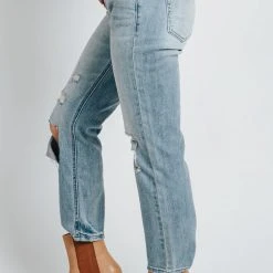 Piper & Scoot Denim: The Mid Rise Straight Leg Jeans In Medium Blue Bottoms + Jumpsuits