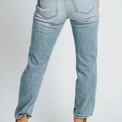 Piper & Scoot Denim: The Mid Rise Straight Leg Jeans In Medium Blue Bottoms + Jumpsuits