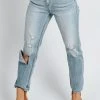 Piper & Scoot Denim: The Mid Rise Straight Leg Jeans In Medium Blue Bottoms + Jumpsuits