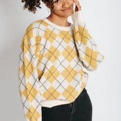 Piper & Scoot The Sorella Plaid Sweater In Yellow Tops