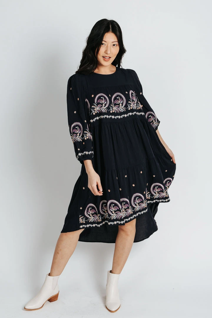 Piper & Scoot The Chen Patterned Midi Dress In Navy