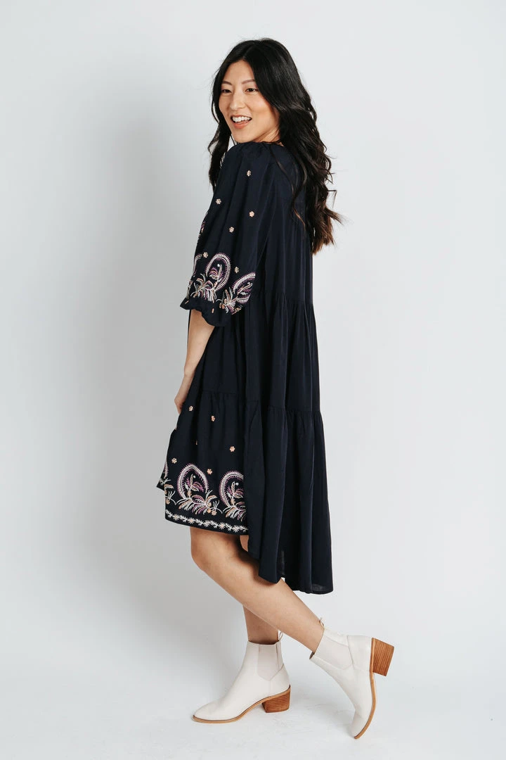 Piper & Scoot The Chen Patterned Midi Dress In Navy
