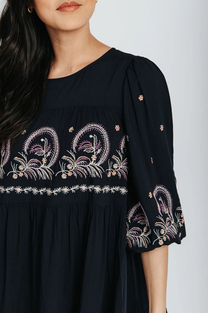 Piper & Scoot The Chen Patterned Midi Dress In Navy