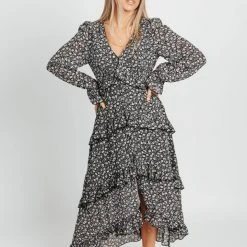 Piper & Scoot The Madsen Floral Ruffle Detail Dress In Black