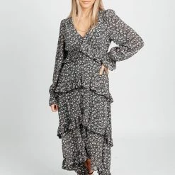 Piper & Scoot The Madsen Floral Ruffle Detail Dress In Black