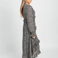 Piper & Scoot The Madsen Floral Ruffle Detail Dress In Black