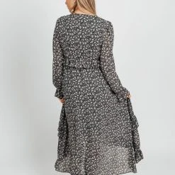 Piper & Scoot The Madsen Floral Ruffle Detail Dress In Black