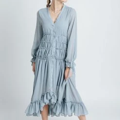 Piper & Scoot Dresses The Bartholomew Ruffle Detail Dress In Dusty Blue