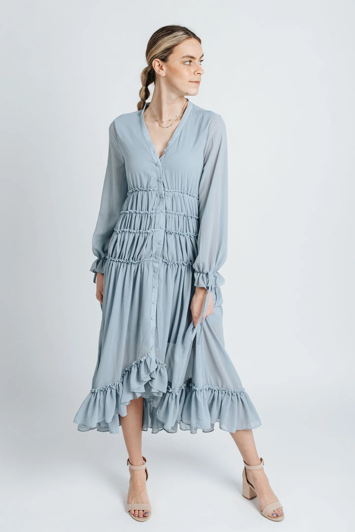 Piper & Scoot Dresses The Bartholomew Ruffle Detail Dress In Dusty Blue