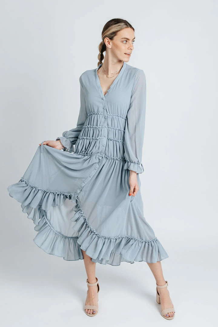 Piper & Scoot Dresses The Bartholomew Ruffle Detail Dress In Dusty Blue
