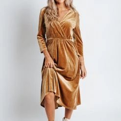 Piper & Scoot The Isla Velvet 3/4 Sleeve Wrap Dress In Gold