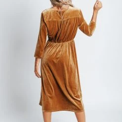 Piper & Scoot The Isla Velvet 3/4 Sleeve Wrap Dress In Gold
