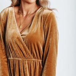 Piper & Scoot The Isla Velvet 3/4 Sleeve Wrap Dress In Gold