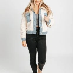 Piper & Scoot The Sawtell Denim Accent Sherpa Jacket In Cream