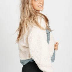 Piper & Scoot The Sawtell Denim Accent Sherpa Jacket In Cream