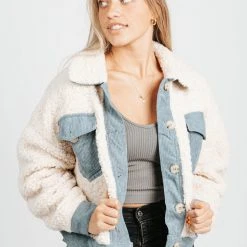 Piper & Scoot The Sawtell Denim Accent Sherpa Jacket In Cream
