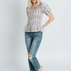 Piper & Scoot The Marylin Smocked Peplum In Grey Tops