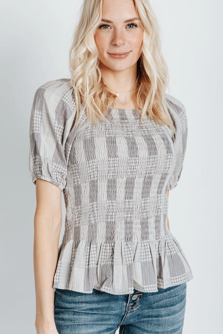 Piper & Scoot The Marylin Smocked Peplum In Grey Tops