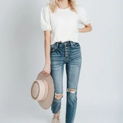 Piper & Scoot Denim: High Rise Distressed Slim Straight Jean In Medium Blue Bottoms + Jumpsuits