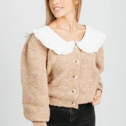 Piper & Scoot The Del Rey Collar Detail Sweater In Taupe Tops