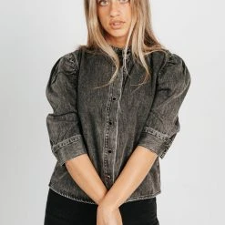 Piper & Scoot Tops The Bridgewater Puff Sleeve Top In Black Denim