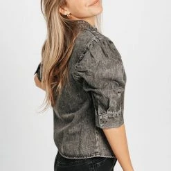 Piper & Scoot Tops The Bridgewater Puff Sleeve Top In Black Denim