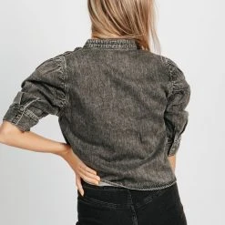 Piper & Scoot Tops The Bridgewater Puff Sleeve Top In Black Denim