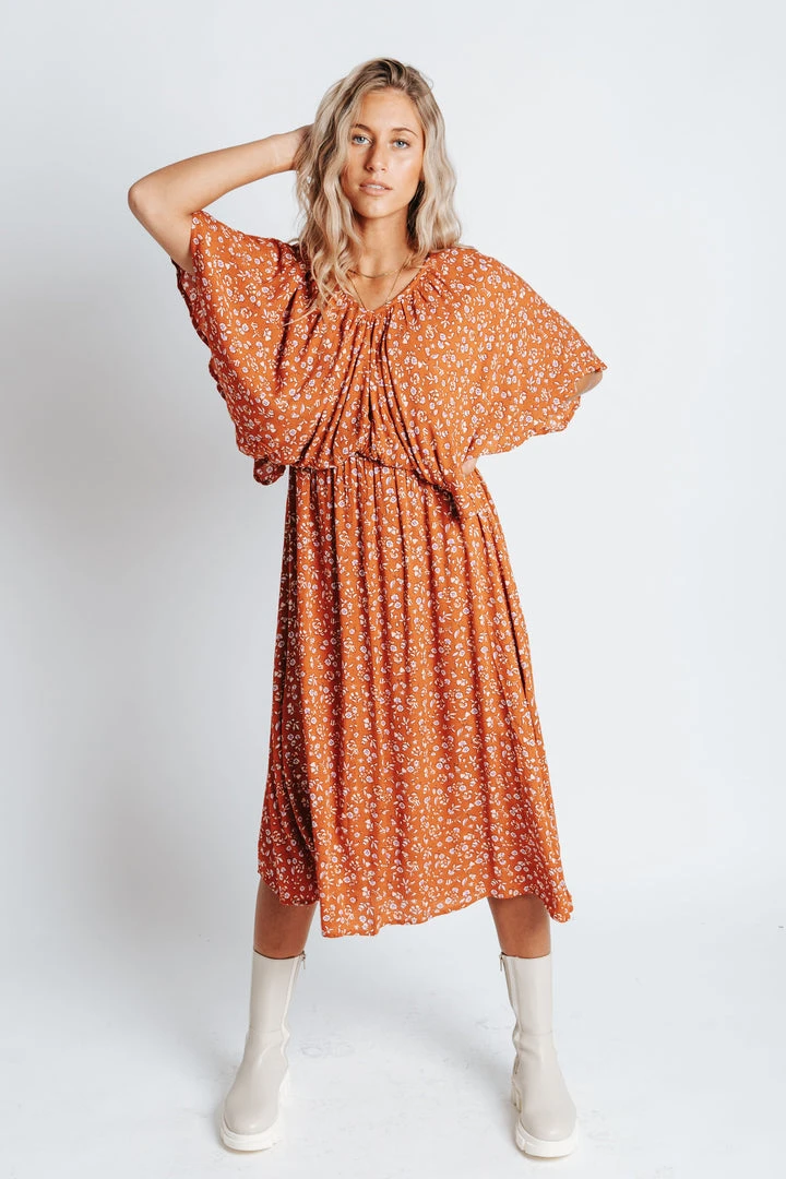 Piper & Scoot: The Campbell Dolman Sleeve Midi Dress In Rust Floral