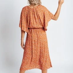 Piper & Scoot: The Campbell Dolman Sleeve Midi Dress In Rust Floral
