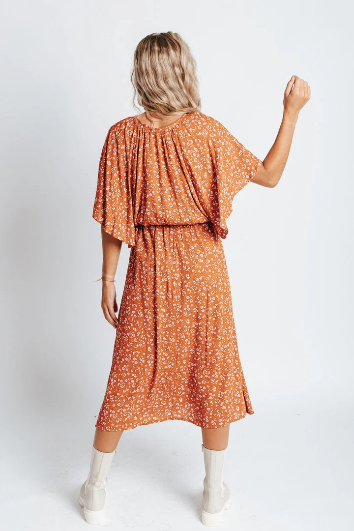 Piper & Scoot: The Campbell Dolman Sleeve Midi Dress In Rust Floral