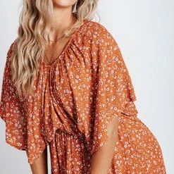 Piper & Scoot: The Campbell Dolman Sleeve Midi Dress In Rust Floral