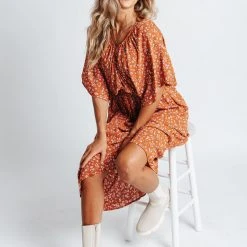 Piper & Scoot: The Campbell Dolman Sleeve Midi Dress In Rust Floral