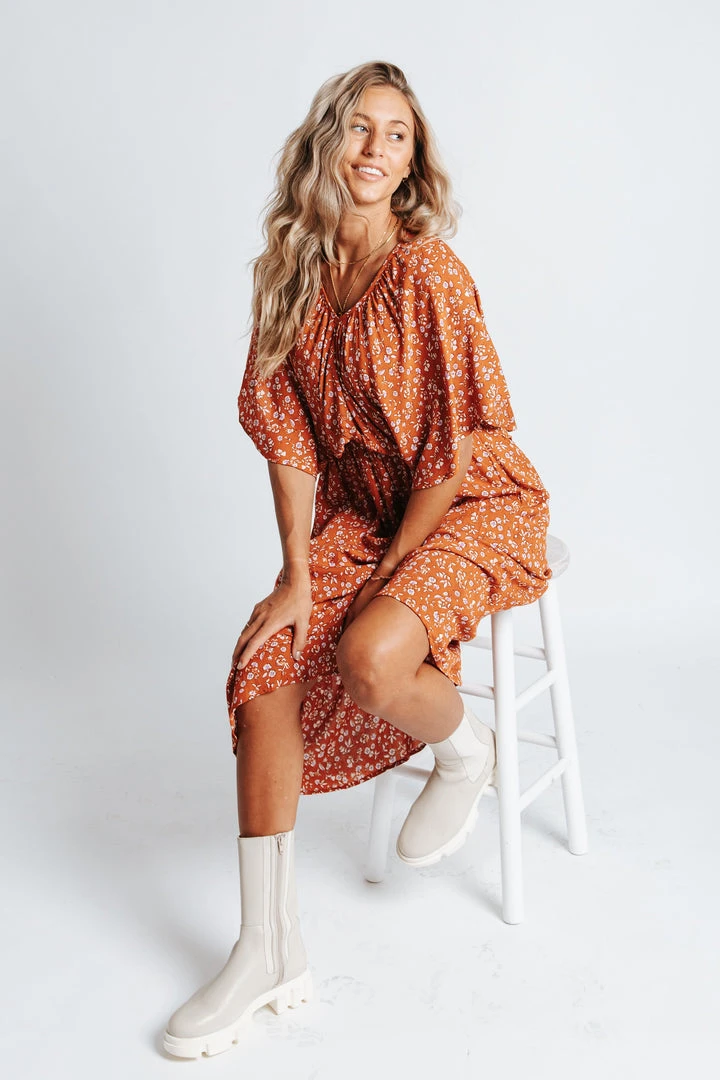 Piper & Scoot: The Campbell Dolman Sleeve Midi Dress In Rust Floral