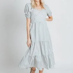 Piper & Scoot Dresses The Fredrick Gingam Puff Sleeve Dress In Green