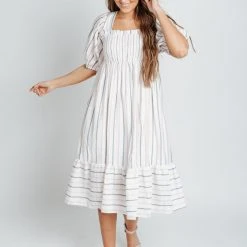 Piper & Scoot The Zane Square Neck Striped Dress In Ivory