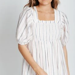 Piper & Scoot The Zane Square Neck Striped Dress In Ivory