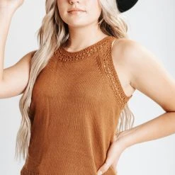 Piper & Scoot Tops The Luna Crochet Tank Blouse In Camel