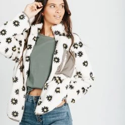 Piper & Scoot The Klein Daisy Fuzzy Jacket In White Tops