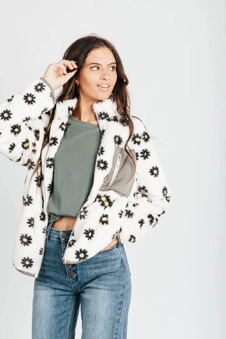 Piper & Scoot The Klein Daisy Fuzzy Jacket In White Tops