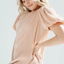 Piper & Scoot Tops The Riva Pleated Puff Sleeve Blouse In Pink + Gold