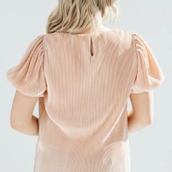 Piper & Scoot Tops The Riva Pleated Puff Sleeve Blouse In Pink + Gold