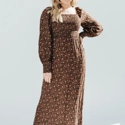 Piper & Scoot The Caspian Smocked Floral Midi Dress In Brown
