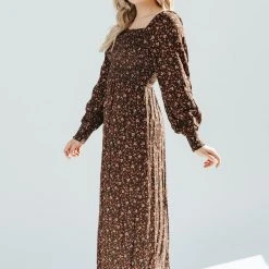 Piper & Scoot The Caspian Smocked Floral Midi Dress In Brown