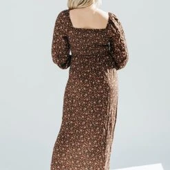 Piper & Scoot The Caspian Smocked Floral Midi Dress In Brown