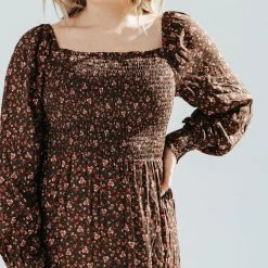 Piper & Scoot The Caspian Smocked Floral Midi Dress In Brown