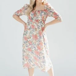 Piper & Scoot The Sasha Floral Midi Dress In Pink + Blue Dresses