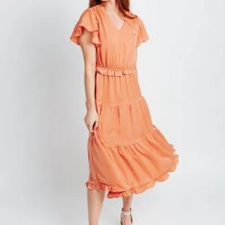 Piper & Scoot Dresses The Zenni Tiered Midi Dress In Peach